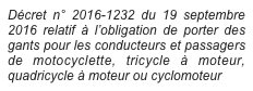 Décret n° 2016-1232 du 19 septembre 2016 relatif à l’obligation de porter des gants pour les conducteurs et passagers de motocyclette, tricycle à moteur, quadricycle à moteur ou cyclomoteur