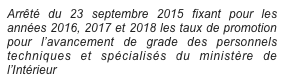 Arrêté du 23 septembre 2015 fixant pour les années 2016, 2017 et 2018 les taux de promotion pour l’avancement de grade des personnels techniques et spécialisés du ministère de l’Intérieur